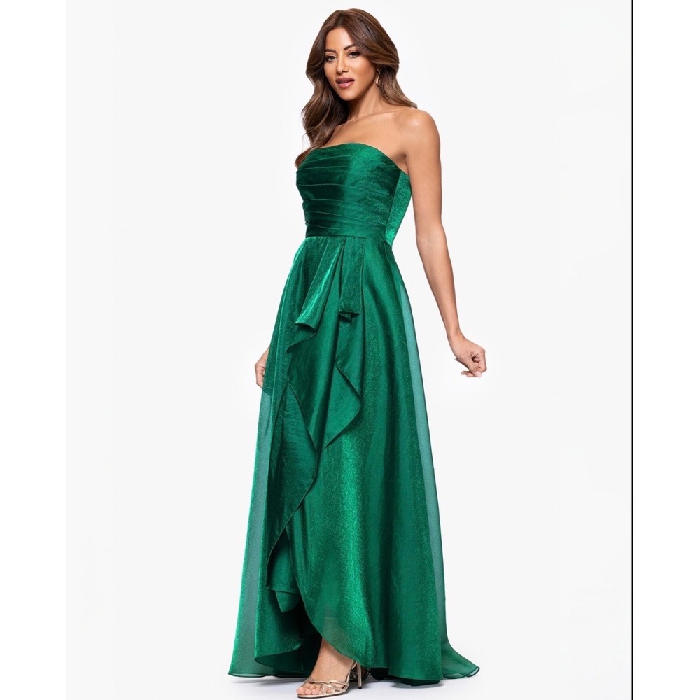 Xscape Emerald Green Metallic Strapless High-Low Evening Gown 6854XP 14P